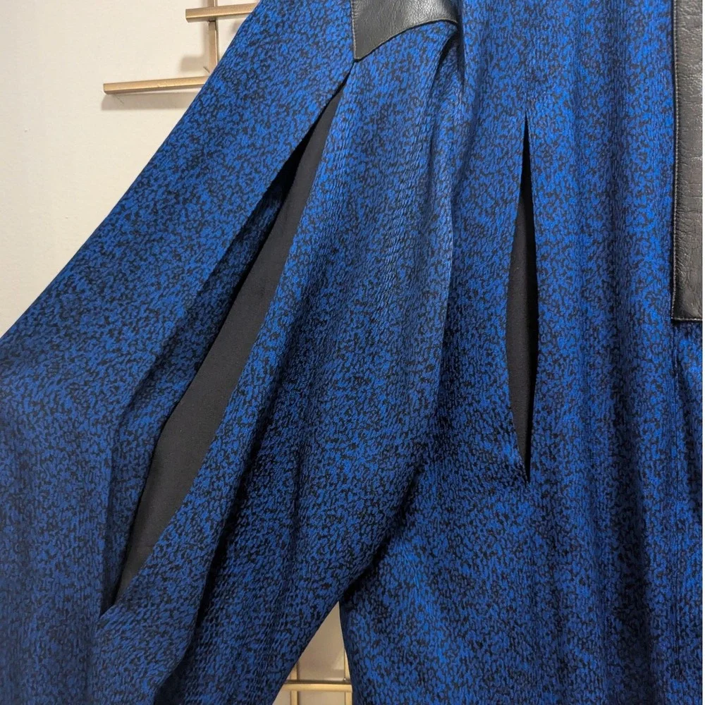 VTG 80's‎ Designer Silk Leather Trim Blouse & Skirt 2 Pc Set Black Cobalt Sz 10